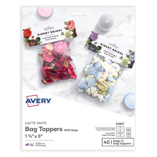 Avery Sure Feed Printable Toppers With Bags - 1.75 X 5, White, 40/Pack
