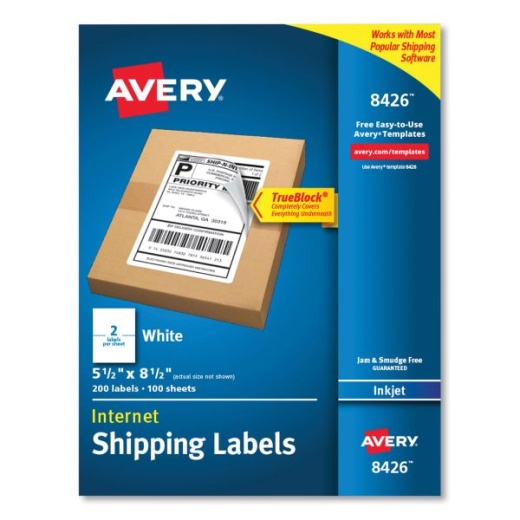Avery Shipping Labels With Trueblock Technology, Inkjet Printers, 5.5 X 8.5, White, 2 Labels/Sheet, 100 Sheets/Pack, 2 Packs