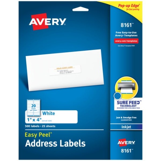 Avery Easy Peel Address Labels With Sure Feed Technology, 8161, Rectangle, 1" X 4", White, Pack Of 500
