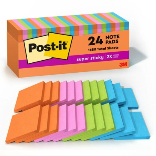 Post-it Super Sticky Notes, 3 In X 3 In, 24 Pads, 70 Sheets/Pad, 2X The Sticking Power, Energy Boost Collection