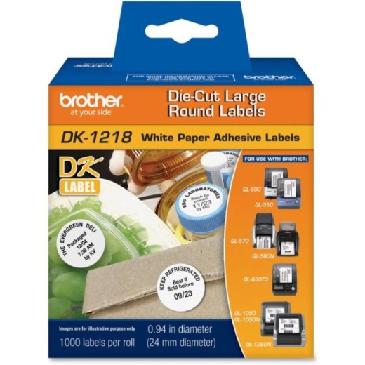 Brother DK1218 Round Thermal Adhesive Labels, 1" Diameter, White, Roll Of 1,000