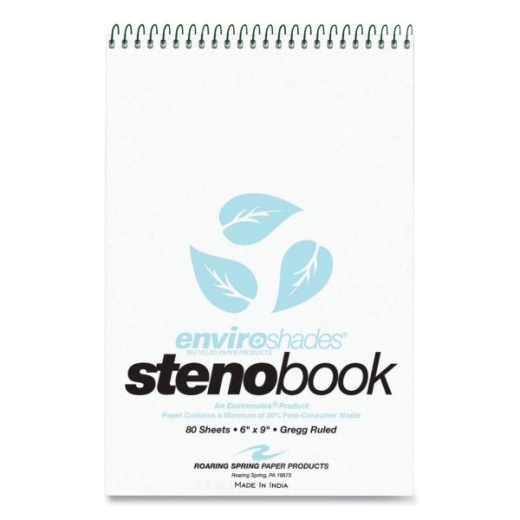 Roaring Spring Enviroshades Steno Notepad, Gregg Rule, White Cover, 80 Blue 6 x 9 Sheets, 4/Pack