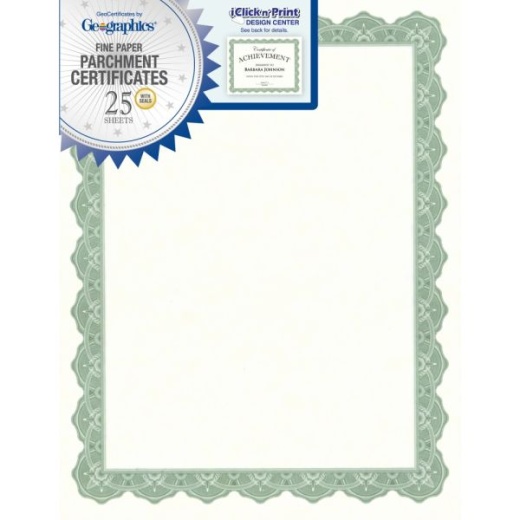 Geographics Parchment Certificates, 8-1/2" x 11", Optima Green, Pack Of 25
