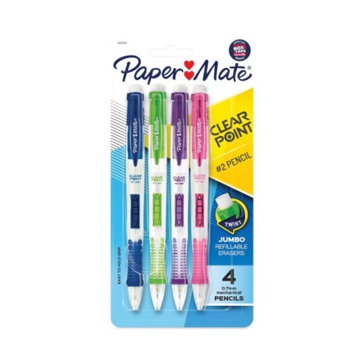 Paper Mate Clear Point Mechanical Pencil, 0.7 Mm, Hb (#2), Black Lead, Assorted Barrel Colors, 4/Pack