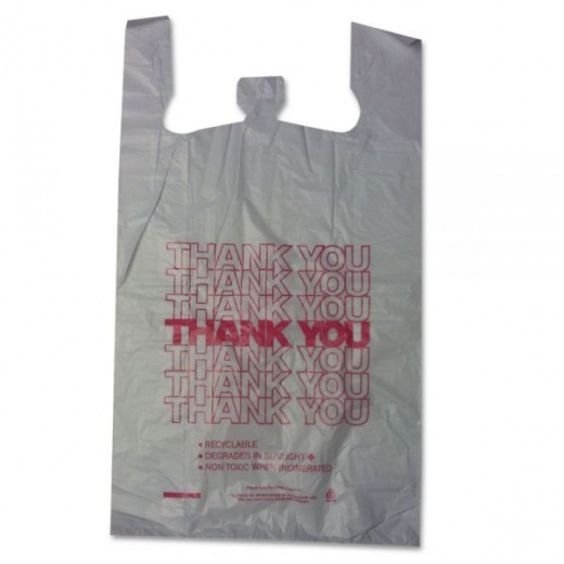 Barnes Paper Company Thank You High-Density Shopping Bags, Have A Nice Day Labeling, Cut-Out Handles, 18" X 8" X 30", White/Red, 500/Carton