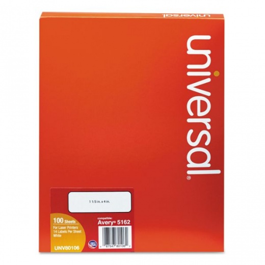 Universal White Labels, Inkjet/Laser Printers, 1.33 x 4, White, 14/Sheet, 100 Sheets/Box