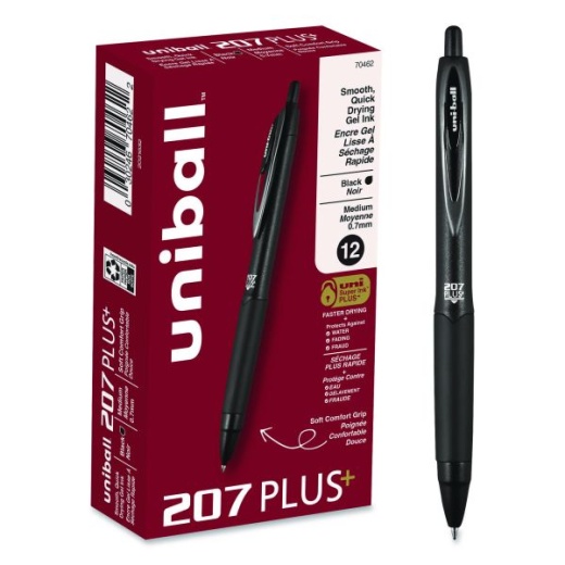 Uniball 207 Plus+ Gel Pen, Retractable, Medium 0.7 Mm, Black Ink, Black Barrel, Dozen