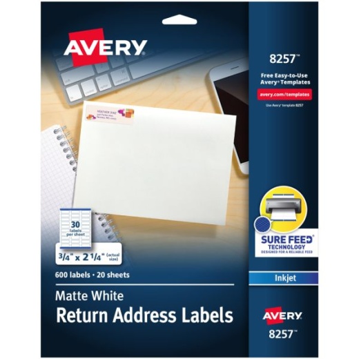 Avery Return Address Label with Sure Feed Technology, 8257, Rectangle, 3/4" x 2-1/4", White, Pack of 600 Labels