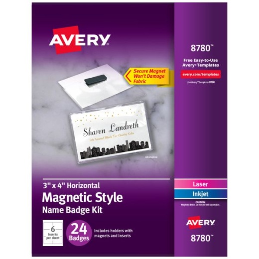 Avery Customizable Name Badges With Magnets, Rectangle, 3" x 4", White, Pack Of 24