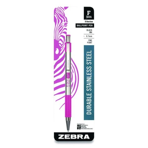 Zebra F-301 Breast Cancer Awareness Ballpoint Pen, Retractable, Fine 0.7 Mm, Black Ink, Stainless Steel/Pink Barrel