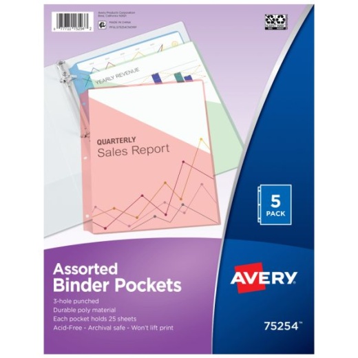 Avery Binder Pockets For 3 Ring Binders - Pack Of 5 Binder Pockets