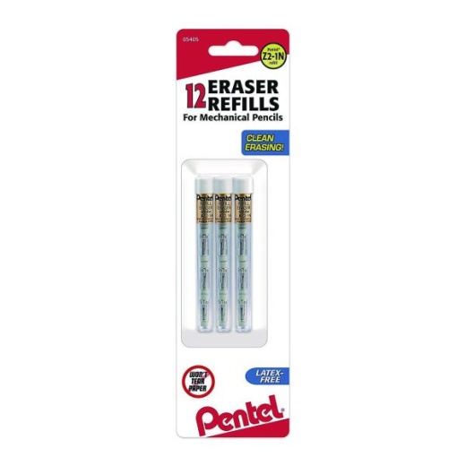 Pentel Eraser Refills For Sharp Kerry/Energize-X/Wow Pencil/Gizmo/Cushi/Hot Shots/Technica-X, White, 4/Tube, 3 Tubes/Pack