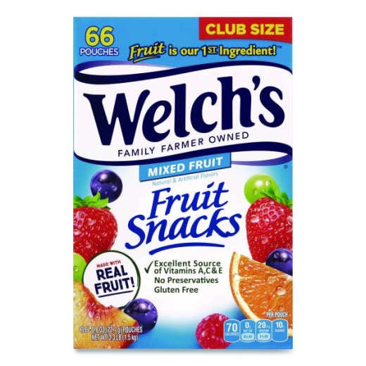 Welch's Fruit Snacks, Mixed Fruit, 0.8 Oz Pouch, 66 Pouches/Box