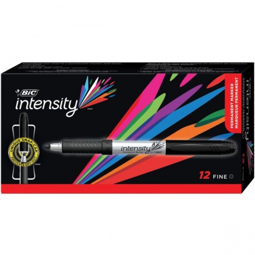 Bic Intensity Permanent Markers, Fine Point, Grip Silver Barrel, Black, Pack Of 12