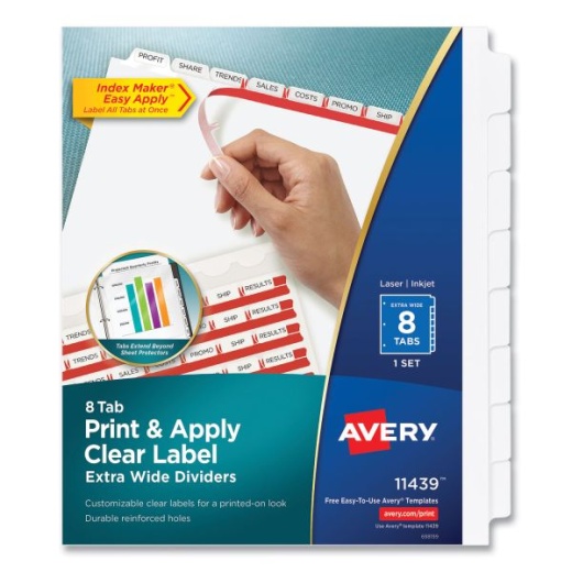 Avery Print And Apply Index Maker Clear Label Dividers, Extra Wide Tab, 8-Tab, 11.25 x 9.25, White, 1 Set
