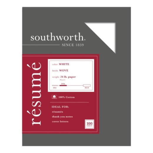 Southworth 100% Cotton Résumé Paper, 8 1/2" x 11", 24 Lb, 100% Recycled, White, Pack Of 100