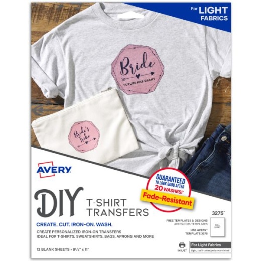 Avery Inkjet Printer T-Shirt Transfer Paper, 3275, Letter Size (8 1/2" x 11"), Pack Of 12
