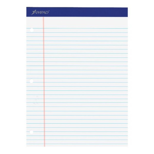 Ampad Perforated 3-Hole Punched Dual Writing Pad, Legal Wide Rule, 8 1/2" x 11 3/4", White, 100 Sheets