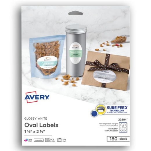 Avery Printable Blank Labels, 22804, Oval, 1.5 x 2.5, Glossy White, Pack Of 180