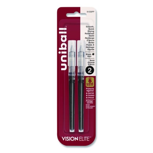 Uniball Refill for Vision Elite Roller Ball Pens, Bold Conical Tip, Black Ink, 2/Pack