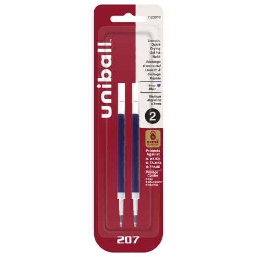 Uniball 207 Retractable Gel Pen Refills, Medium Point, 0.7 Mm, Blue Ink, Pack Of 2 Refills