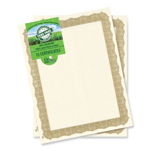 Geographics Tree Free Award Certificates, 8.5 x 11, Natural with Gold Braided Border, 15/Pack