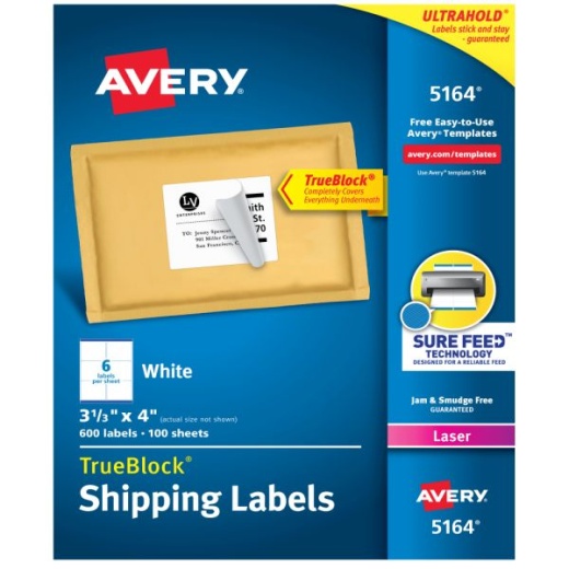 Avery Trueblock Shipping Labels With Sure Feed Technology, 5164