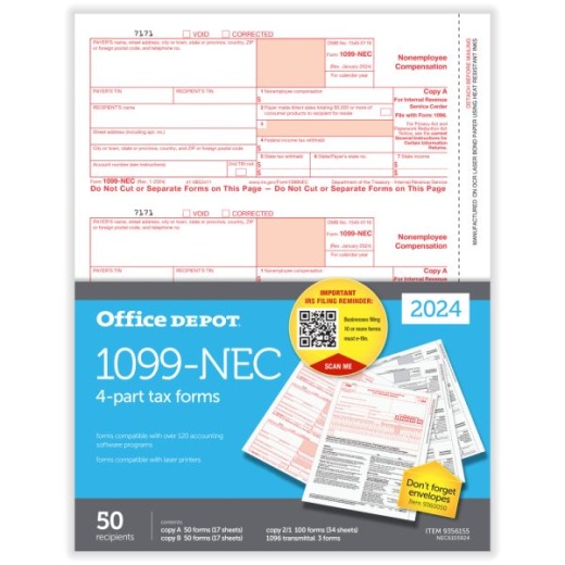 1099-Nec Laser Tax Forms, 4-Part, 2-Up, 8-1/2" X 11", Pack Of 50 Form Sets