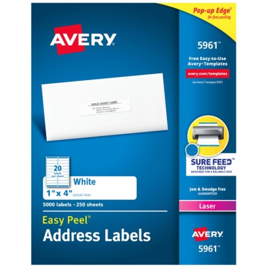 Avery Easy Peel Address Labels With Sure Feed Technology, 5961, Rectangle, 1" X 4", White, Pack Of 5,000