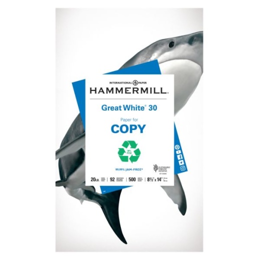 Hammermill Great White Copy Paper, White, Legal (8.5" X 14"), 500 Sheets Per Ream, 20 Lb, 92 Brightness, 30% Recycled