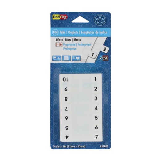 Redi-Tag Permanent Index Tabs, 1-10, White, 8 Sets (24 Blank)