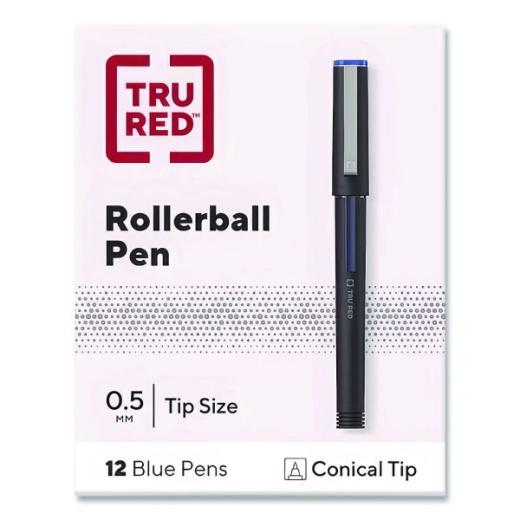 Tru Red Roller Ball Pen, Fine 0.5 mm, Blue Ink, Black/Blue/Clear Barrel, Dozen