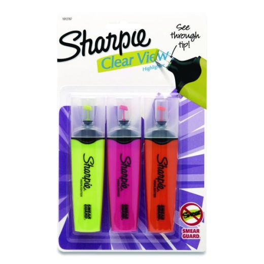 Sharpie Clearview Tank-Style Highlighter, Assorted Ink Colors, Chisel Tip, Assorted Barrel Colors, 3/Pack