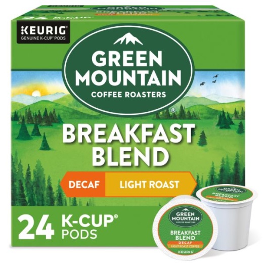 Green Mountain Coffee Breakfast Blend Decaf Coffee K-Cups, Light Roast, 24/Box