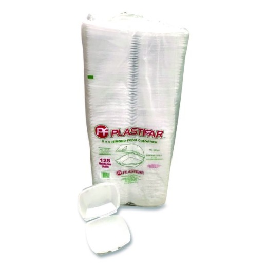 Plastifar Foam Hinged Lid Containers, 6 X 6 X 3, White, Foam, 500/Carton