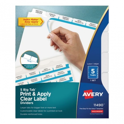 Avery Print and Apply Index Maker Clear Label Dividers - Big Tab, 5-Tab, White Tabs, 11 x 8.5, White, 1 Set