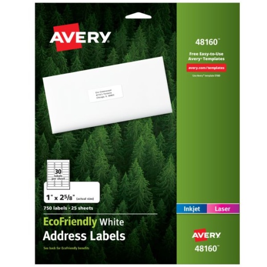 Avery Ecofriendly Address Labels - 48160, Rectangle, 1" x 2-5/8", White, Pack Of 750 Labels