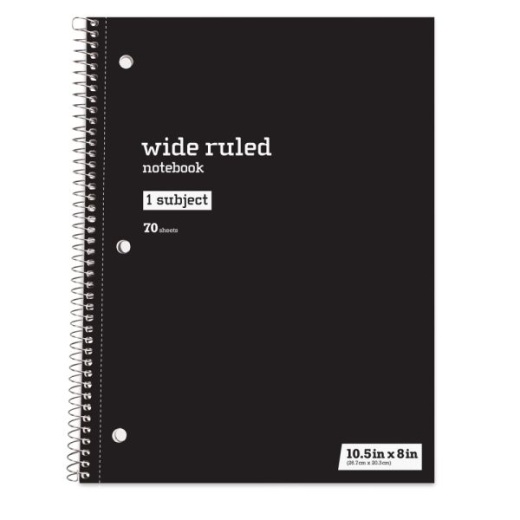 Just Basics Spiral Notebook, 8" X 10 1/2", Wide Ruled, 70 Sheets, Black