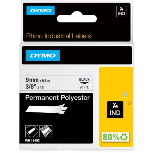Dymo Rhino Permanent Poly Labels - 3/8"W x 18'L, Direct Thermal, White, Polyester