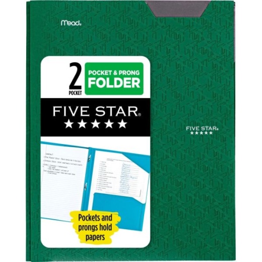 Five Star Stay-Put Pocket & Prong Folder, 3 Fasteners, Letter Size, Assorted Colors