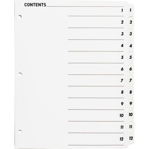 Sparco Quick Index Dividers With Table Of Contents Page, 1-12, White