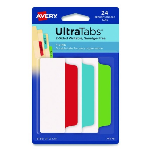 Avery Ultra Tabs Repositionable Tabs - 3" x 1.5", 1/3-Cut, Assorted Colors, 24/Pack