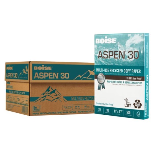Boise Aspen 30 Multi-Use Printer & Copy Paper, White, Ledger (11" X 17"), 2500 Sheets Per Case, 20 Lb, 92 Brightness, 30% Recycled, Fsc Certified