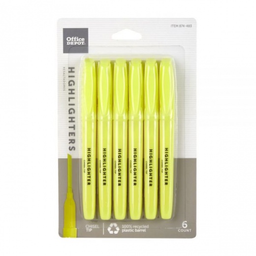 Pen-Style Highlighters, Chisel Point, 100% Recycled Plastic Barrel, Fluorescent Yellow, Pack Of 6