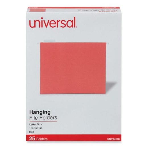 Universal Deluxe Bright Color Hanging File Folders, Letter Size, 1/5-Cut Tabs, Red, 25/Box