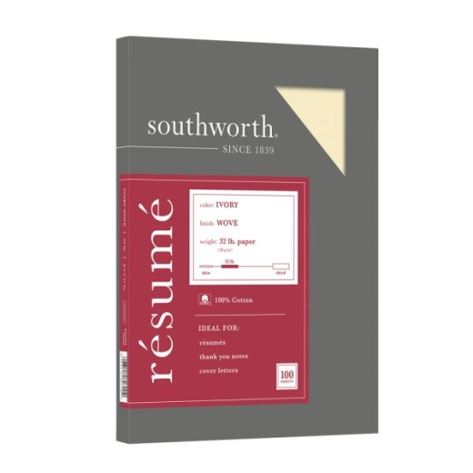 Southworth 100% Cotton Résumé Paper, 8 1/2" x 11", 32 Lb, 100% Recycled, Ivory, Pack Of 100