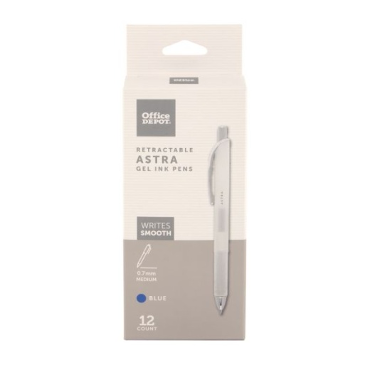 Astra Retractable Gel Ink Pens, Medium Point, 0.7 Mm, White Barrel, Blue Ink, Pack Of 12 Pens