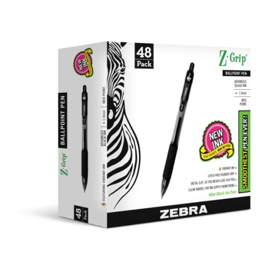 Zebra Pen Z-Grip Retractable Ballpoint Pens, Pack Of 48, Medium Point, 1.0 Mm, Clear Barrel, Black Ink