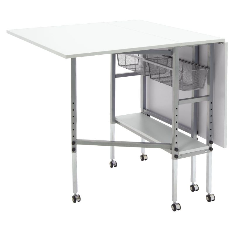 Mobile Height Adjustable Hobby And Craft Cutting Table With Drawers In Silver/White