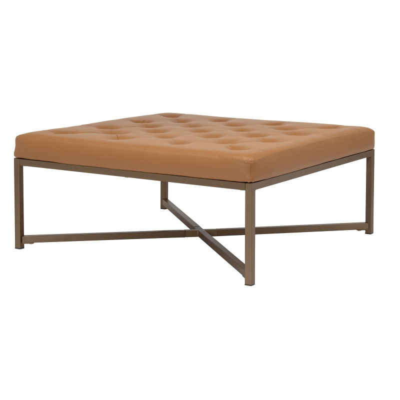 Camber Modern Large Cocktail Tufted Square Ottoman With Metal Frame And Blended Leather In Bronze/Caramel